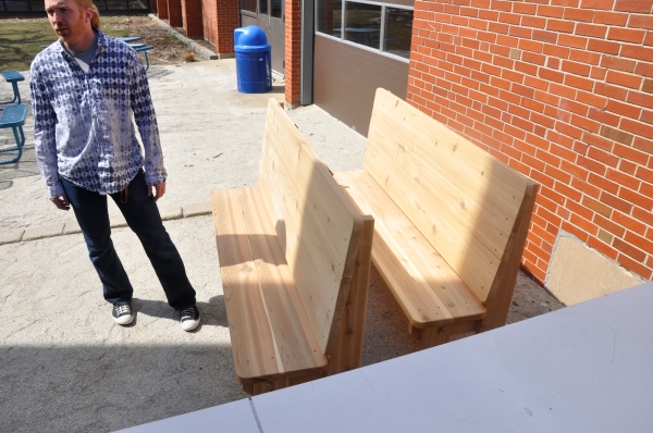 Blake (art teacher) and the raw benches eagerly awaiting Ada's touch